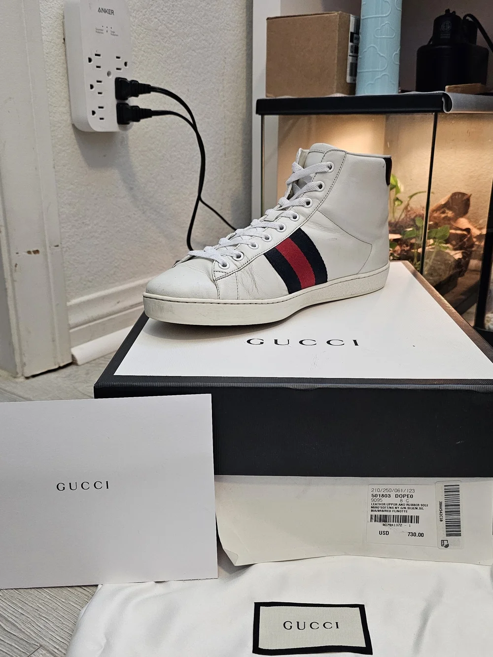 Gucci White High-Top Leather Sneaker with Web Stripe and Bee